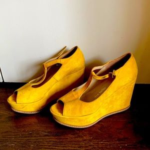 Dee Keller Peep Toe Wedges, Yellow, Size 6 or 37